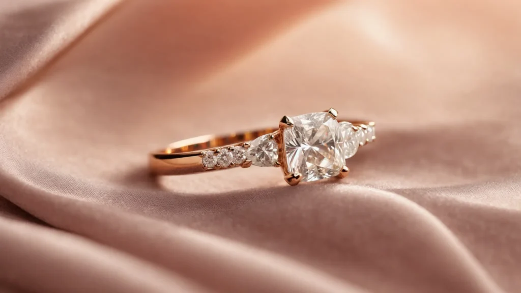 a radiant lab-grown diamond ring sparkles atop a velvet box against a soft, romantic background.
