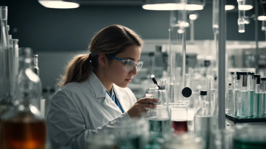 a scientist in a lab coat carefully fills a test tube with a clear liquid, surrounded by sophisticated lab equipment.