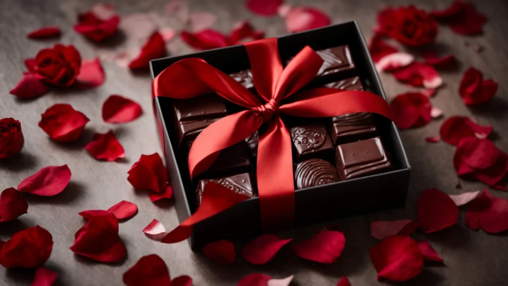 a chocolate gift box tied with a red ribbon sits on a table amid scattered rose petals.